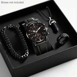 SHAARMS 4pcs Men's Luxury Matching Jewelry & Watch Gift Set - Quartz Analog Round Watch with Matching Necklace, Ring & Bracelet Suitable for Valentine's Day, Christmas, Eid Al-Adha Gifts - Complete Accessory for Him