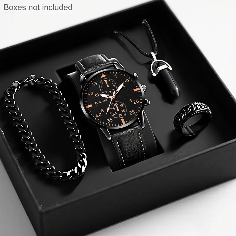 SHAARMS 4pcs Men's Luxury Matching Jewelry & Watch Gift Set - Quartz Analog Round Watch with Matching Necklace, Ring & Bracelet Suitable for Valentine's Day, Christmas, Eid Al-Adha Gifts - Complete Accessory for Him