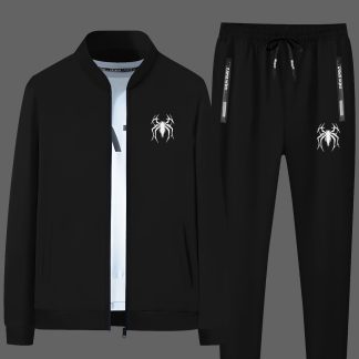 Men's Sports Jacket Set [Hasna Selection] Spider Element Printing Men's Trend Popular Autumn and Winter Hooded Jacket 2pcs Set, Casual Youth Li Ling Jacket Set