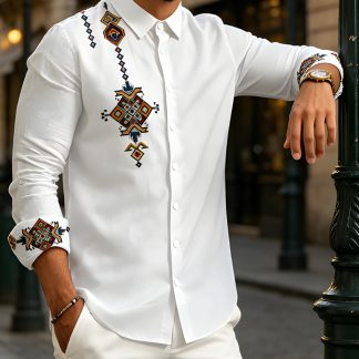 Men's New Vintage-Style Geometric Print Long-Sleeve Shirt, European and American Streetwear Style, Print Casual Shirt, Versatile Commuter Shirt for Dates and Holiday Parties