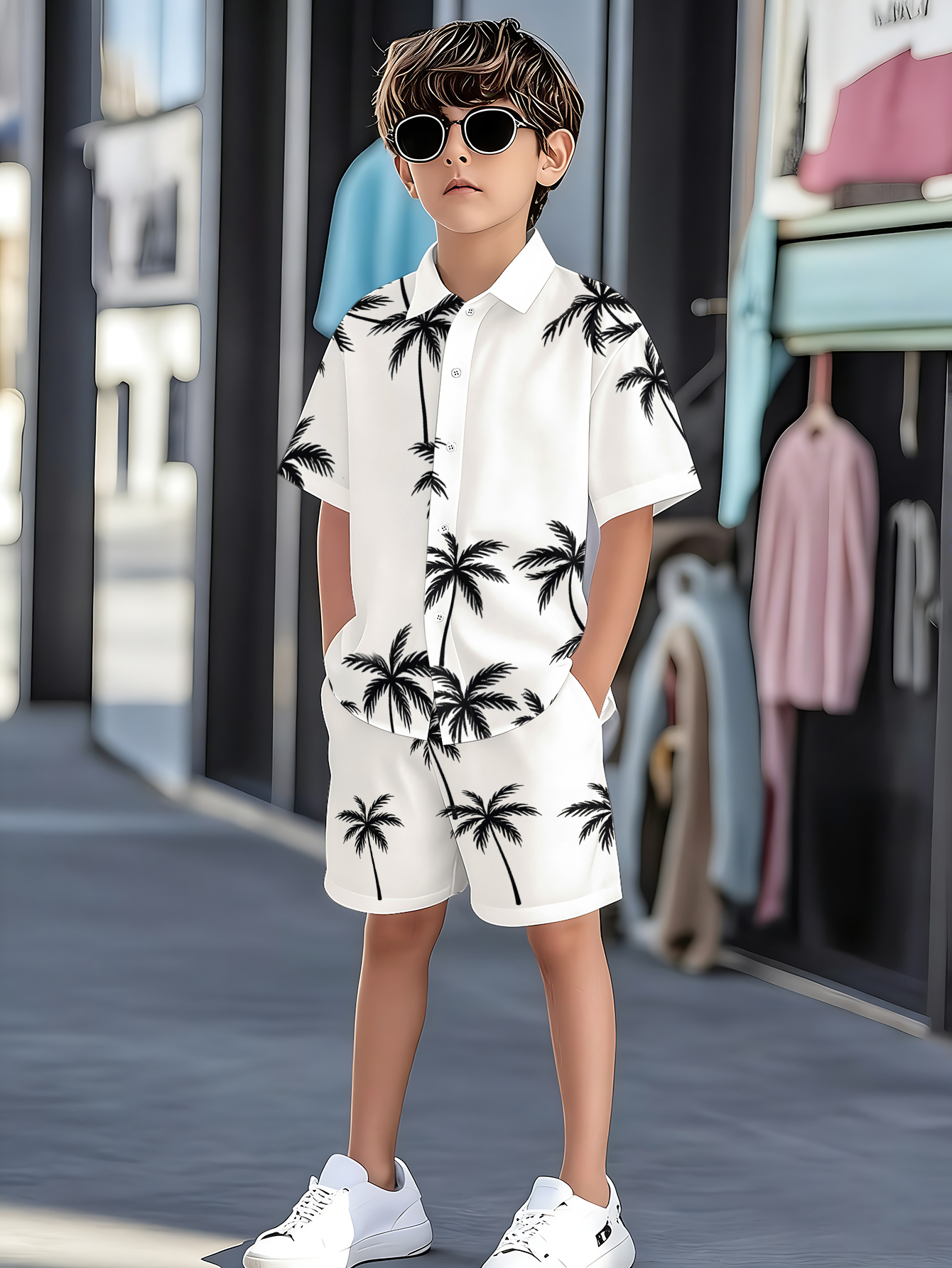 Casual and Fashionable, Cool, Vacation, Beach, Seaside, and Sporty Style Loose Comfortable Short-sleeve Shirt and Shorts Set with Tropical Plant Patterns, Perfect for Young Boys., Perfect for Outdoor, for Teenager - Image 2