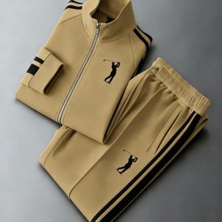Casual Sportswear for Men Featuring a Stand Collar Zip Jacket And Pants Set, Designed with a Golf Player Silhouette Pattern, Perfect for Fall And Winter Street Style