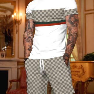 Light Luxury Color Block Plaid Set, Trendy Men's Streetwear Eye-Catching Comfortable Crew Neck Short Sleeve T-Shirt + Drawstring Waist Shorts Casual Sport 2pcs Set, Lightweight Breathable Machine Washable, Streetwear, Casual Gatherings