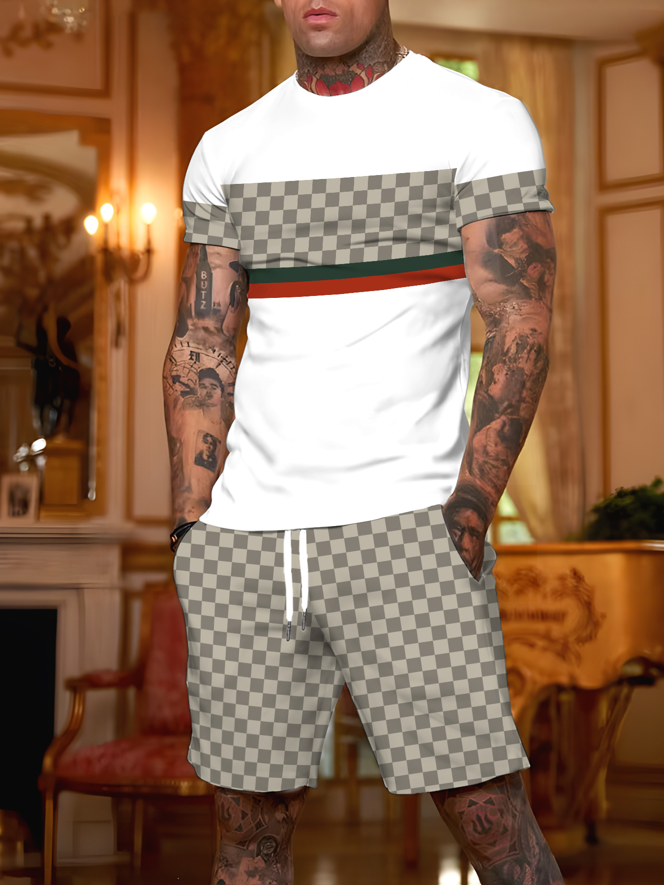Light Luxury Color Block Plaid Set, Trendy Men's Streetwear Eye-Catching Comfortable Crew Neck Short Sleeve T-Shirt + Drawstring Waist Shorts Casual Sport 2pcs Set, Lightweight Breathable Machine Washable, Streetwear, Casual Gatherings
