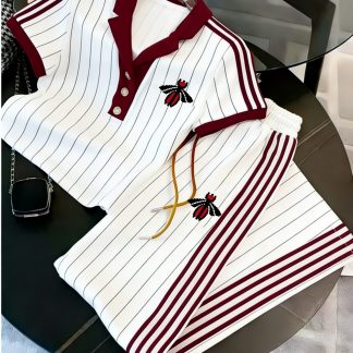Plus-Size Spring And Summer Striped Sports Suit 2pcs Set, Short-Sleeved POLO Shirt And Trousers, Little Bee Printed Casual Sportswear, Suitable for Daily Commuting, Running And Fitness