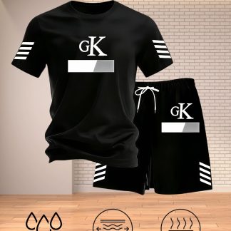 Minimalist Style GK Letter T-Shirt and Shorts Set | Refreshing Summer Outfit - Men's Casual Sportswear Set, Summer Lightweight Breathable Quick-Dry Crew Neck Short Sleeve T-Shirt with Drawstring Elastic Waist Shorts, 2pcs Set for Comfortable Daily