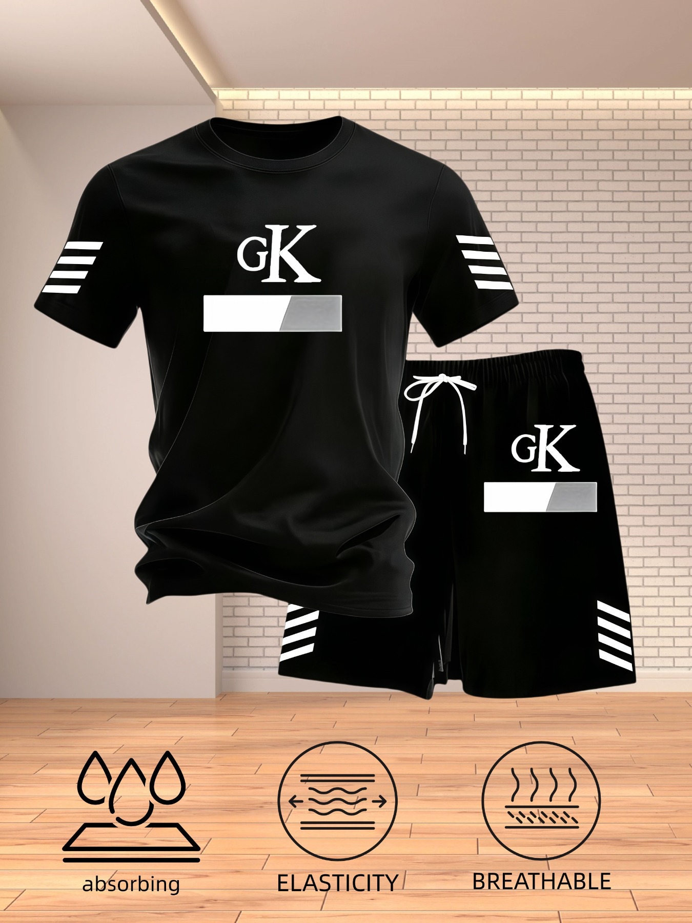 Minimalist Style GK Letter T-Shirt and Shorts Set | Refreshing Summer Outfit - Men's Casual Sportswear Set, Summer Lightweight Breathable Quick-Dry Crew Neck Short Sleeve T-Shirt with Drawstring Elastic Waist Shorts, 2pcs Set for Comfortable Daily