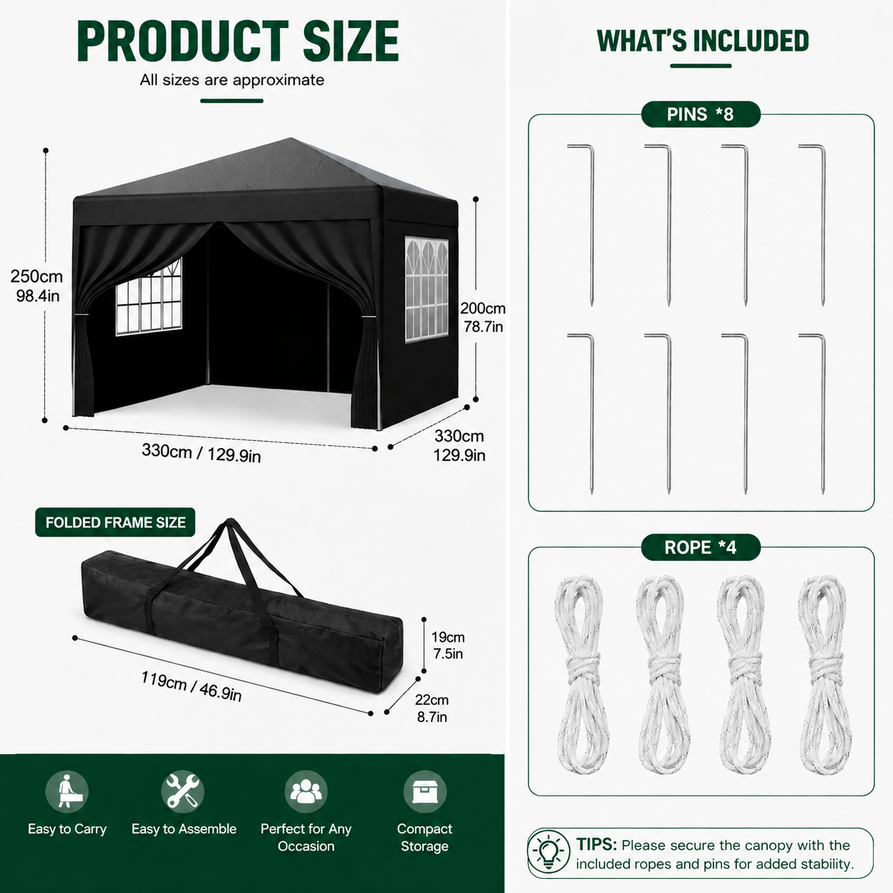 Pop-Up Folding Gazebo Carport, 3.3X3.3M Sun Shade Event Tent With Side Walls, Heavy Duty Hardened Steel Frame & 210D Oxford Fabric Roof, Anti-UV Outdoor Garden Patio Camping Shelter, Black/Grey/Blue