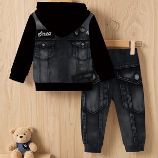 Printed Design - Non-Textured 2D Printing Baby Boys Hooded Tracksuit with Faux Denim Vest Spliced Print Design, Casual And Comfortable Outfit for Spring And Autumn, for Outdoor