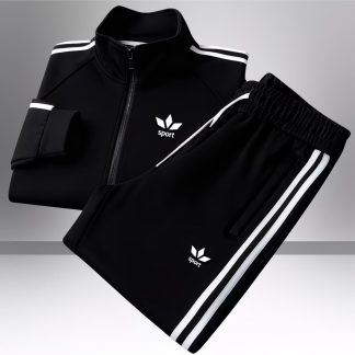 Tracksuit Featuring a Stand Collar Zip Jacket with White Stripes And Logo Print, Paired with Casual Sport Pants, Perfect for Adult Street Style in The Fall And Winter