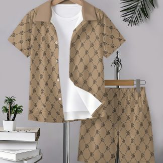 Boys' Beach Vacation Outfit Set- Casual Short Sleeve Button Shirt And Shorts Set, Trendy Summer Resort Wear for School And Daily Wear, for Outdoor, for Teenager, For Teenager