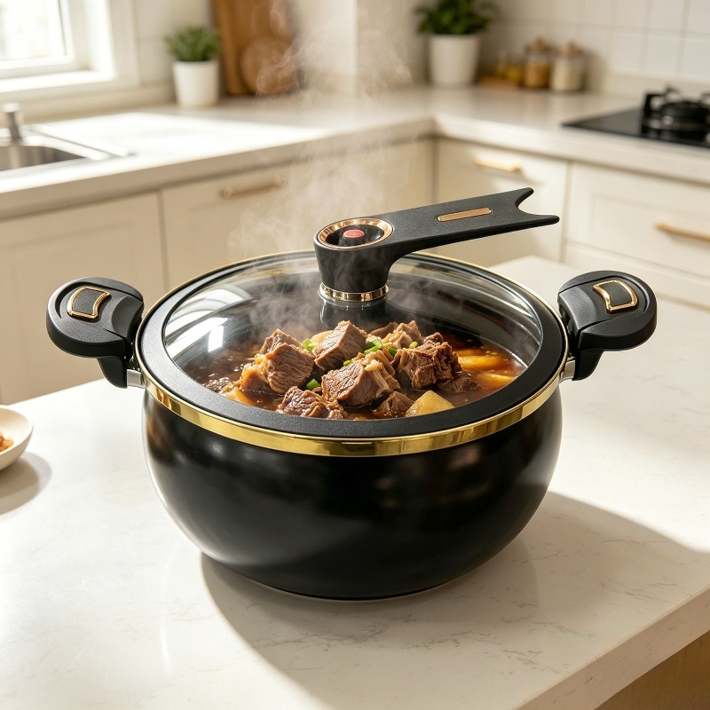 2026 New Style, 8.12L Large Cast Iron Stew Pot with Locking Lid - Multi-Functional Soup Pot, Suitable for Quick Braising, Compatible with Gas Stoves, Black Golden Trim | Fashionable Black Cookware | Glass Lid Design, A Must-Have for Home