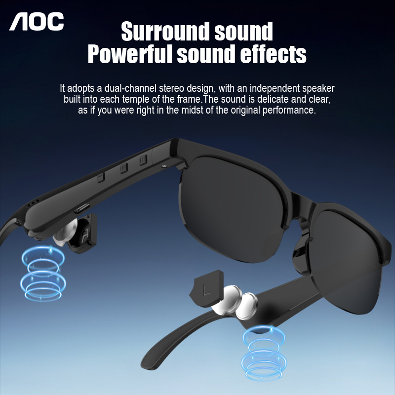 AOC New Smart Glasses, Black Half Frame Glasses, Full of Texture, Wireless Glasses with Wireless Earphones, Support Hands-Free Calls And Music, Lightweight Design, Volume Control Buttons, Built-In Capacitive Microphone, USB Charging - Image 5