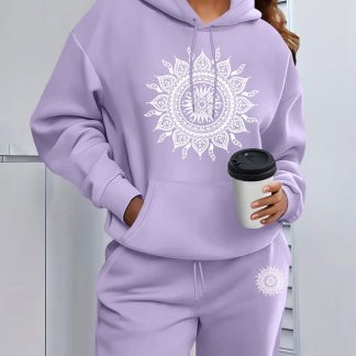 Plus Size, Plus Size Hooded Sweatshirt and Sweatpants Bohemian Sun Totem Print Set - Comfortable, Stretchy Fabric, Suitable for Casual Wear