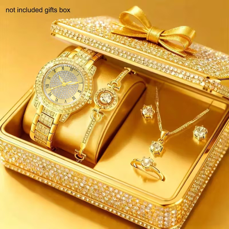 1 MSCXDK Luxury Design Fashionable and Exquisite Pointer Quartz Watch + 5pcs of Jewelry, Perfect for Wedding Celebrations, Gifts, Companies, Annual Meetings, Employee Gifts, Daily and Formal Occasions, Birthday Gifts, Holiday Party Gifts
