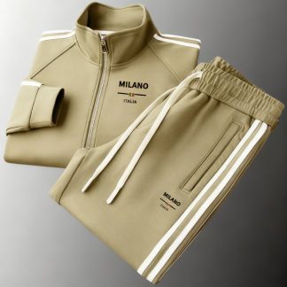 Men's Fashion Beige Milano Italia Striped Tracksuit Set Casual Sportswear Street Style Outfit for Adults Men Fall Winter Casual Wear