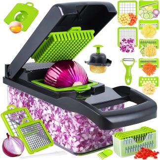 16pcs/ Set, Vegetable Chopper, Multifunctional Fruit Slicer, Veggie Slicer, Vegetable Slicer, Cutter with Container, Onion Mincer Chopper with Multiple Interchangeable Blades, Household Potato Shredder, Kitchen Stuff, Kitchen Additions