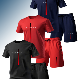 6pcs Men'S Casual Athletic T-Shirt And Shorts Set, Knit Polyester Fabric, Comfortable And Breathable, Suitable for Outdoor Jogging, Running, Fitness, Paris Letter Pattern Print