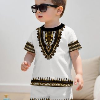 Boy'S Fashionable African Dashiki-Style Printed Design, Short-Sleeved Pullover And Short Pants Set, Suitable Children'S Clothing Gift. Made of Comfortable Fabric, Suitable for Summer, Casual Sports 2pcs Set, Very Suitable for Outdoor Use