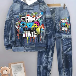 Boys' Fashion Cartoon Print Hoodie Set, Essential for Outdoor Activities, Perfect for Outdoor