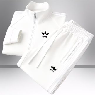 Men's Track Suit Set Sport Leaf Logo Casual White Zip Jacket Jogger Pants Sportswear for Adults Men Casual Wear Street Style Trendy Outfit