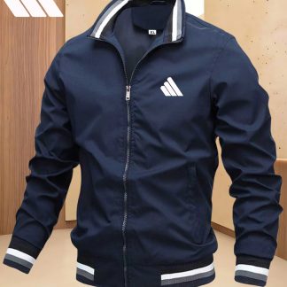 Men'S Sports Solid Color Stand-Up Collar Jacket, Color Striped Rib Hem, Lightweight And Windproof, Creative Three-Bar Totem Design Elements, Suitable for Jogging in Spring And Autumn, Daily Casual Versatile