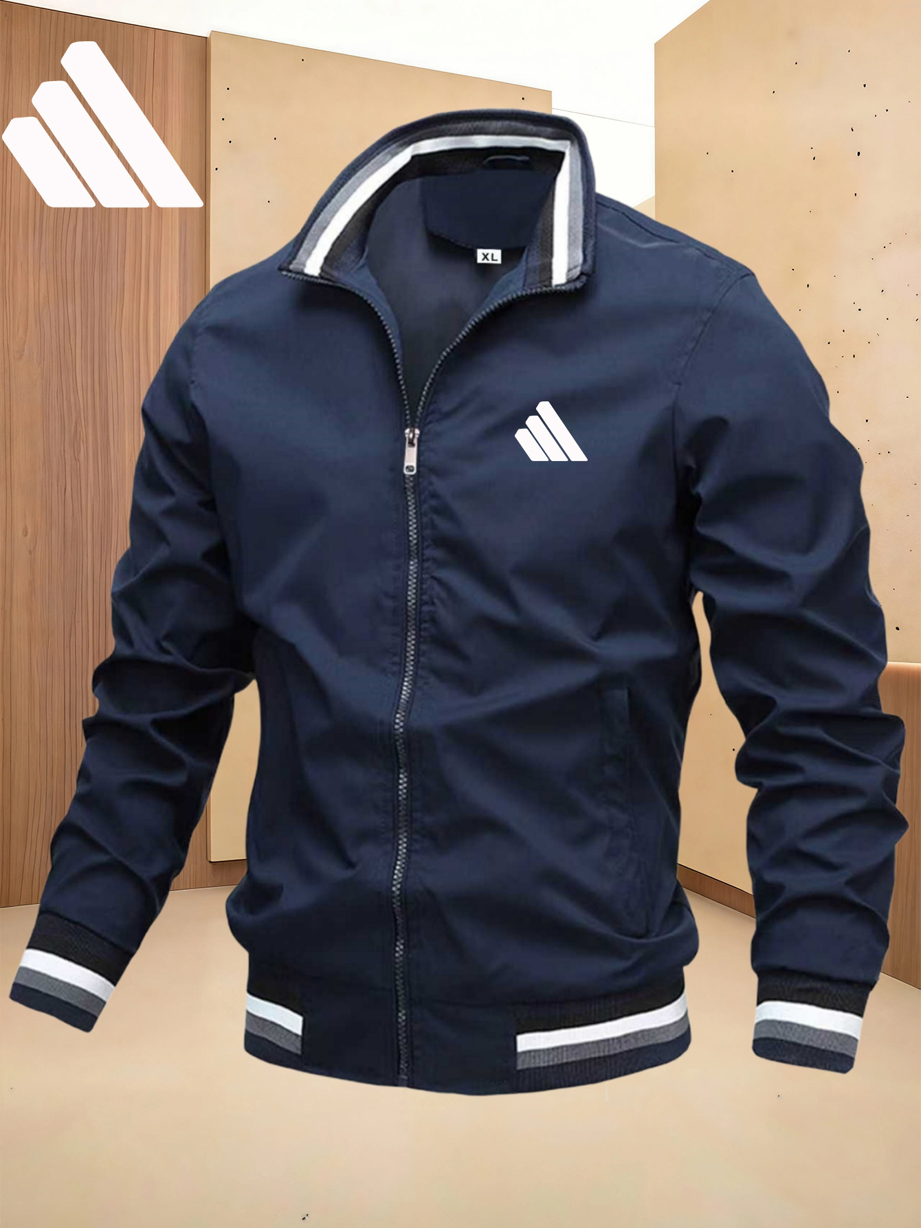 Men'S Sports Solid Color Stand-Up Collar Jacket, Color Striped Rib Hem, Lightweight And Windproof, Creative Three-Bar Totem Design Elements, Suitable for Jogging in Spring And Autumn, Daily Casual Versatile