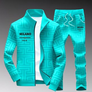 Men'S Casual Sportswear Set Featuring a Turquoise Geometric Design Inspired by Milano, Italy, Perfect for Trendy Street Style Outfits