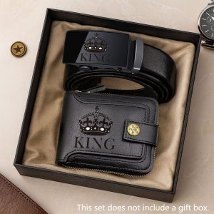 2pcs Men's Belt and Coin Purse Set, KING Series, Exquisitely Printed Design, High-End and Prestigious Set, Essential for Business Occasions, Unisex Style, Fashionable Item for Daily Use, The Best Gift for Father