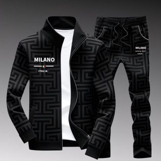 Men'S Casual Fashion Set Featuring a Trendy Geometric Maze Design Zip Jacket And Drawstring Pants, Showcasing Milano Italia Print, Perfect for Adult Sportswear in Street Style for The Fall And Winter Seasons