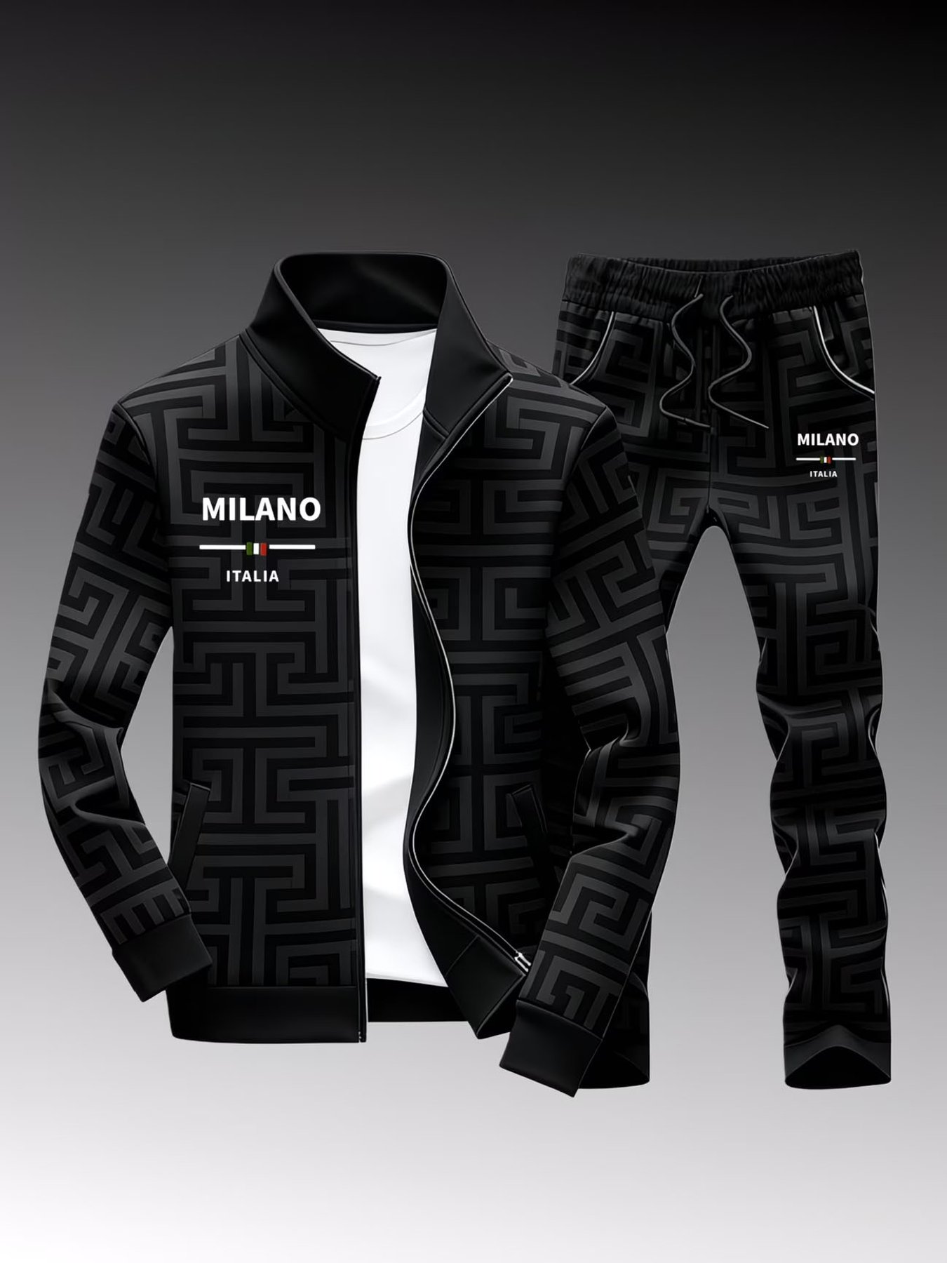Men'S Casual Fashion Set Featuring a Trendy Geometric Maze Design Zip Jacket And Drawstring Pants, Showcasing Milano Italia Print, Perfect for Adult Sportswear in Street Style for The Fall And Winter Seasons