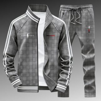 Men'S Plaid Track Suit Set Casual Street Style Paris Logo Horse Pattern Zip Jacket Drawstring Pants Men'S Fashion Adults Men Casual Wear Sportswear Daily Outfit