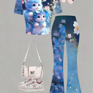 Super Cute Children's 2pcs Set Featuring 3D Printed Blue Series Cat Designs, Including a Short-sleeved Top and High-waisted Flared Pants. Perfect for Girls' Casual Daily Wear and Holiday Outfits in Spring and Autumn, Perfect for Outdoor
