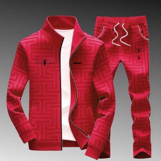 Men'S Fashion Casual Trendy Paris Horse Logo Geometric Maze Pattern Track Jacket Pants Set Men'S Outfits for Adults Men Street Style Sportswear Casual Wear