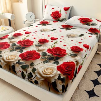 3pcs Red And White Rose Bouquet Romantic Style 2D Flat Effect Bedding | 2pcs Pillowcases And 1pc Fitted Sheet | Double/Full/King/Queen Size | Soft And Skin-Friendly, 24H Non-Slip, Easy Care | Tight Fit And Easy Use | Suitable for Master Bedroom