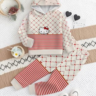 2pcs Girls' Set with Hello Kitty Heart Diamond Stripe Print, Long Sleeve Hoodie and Sweatpants Set. Great Gift for Kids, Casual Sportswear, Perfect for Outdoor Activities., Perfect for Outdoor