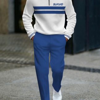 Half Zip Men's Fashion Casual Trendy Adults Men Sportswear Two Piece Outfit Set with White Top Blue Stripes SUK SIO Letter Print and Blue Pants Men's Wear Casual Wear Sportswear for Adults Men