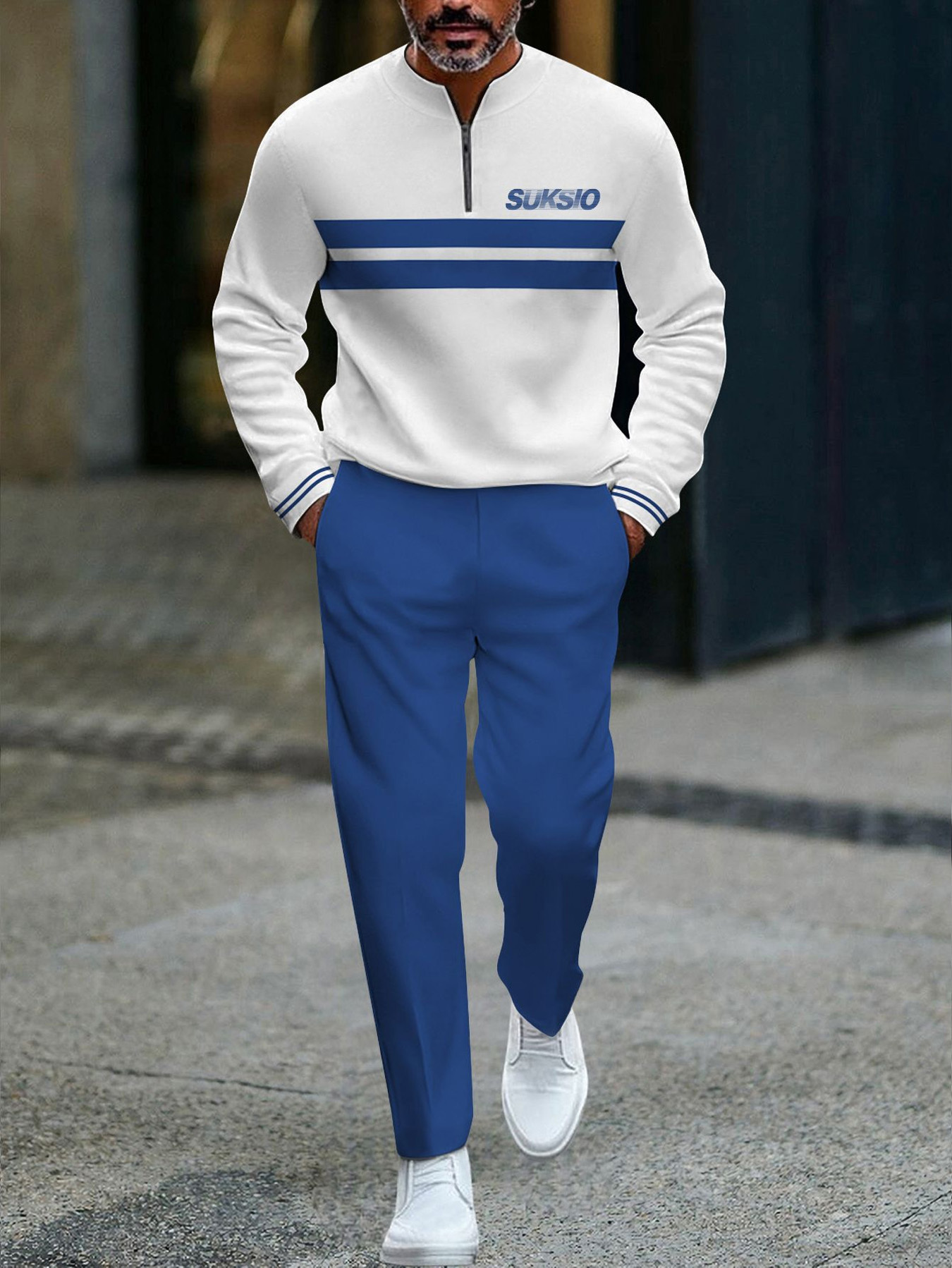 Half Zip Men's Fashion Casual Trendy Adults Men Sportswear Two Piece Outfit Set with White Top Blue Stripes SUK SIO Letter Print and Blue Pants Men's Wear Casual Wear Sportswear for Adults Men
