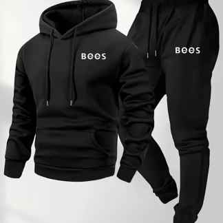 Autumn Winter Men'S Fleece Thickened Hooded Sweatshirt And Sweatpants Casual Athletic 2Pcss Set, Knit Fabric, Bees Letter Pattern Print - 2Pcss Set