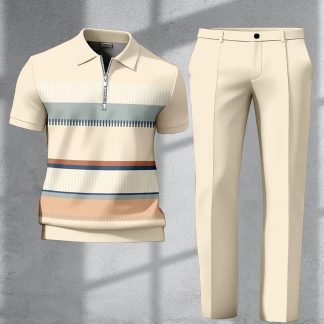 Men's Casual Plaid Quarter Zipper Trousers Set 2pcs 3D Digital Printing 100% Polyester Plaid Printing Short-sleeved Shirt, Regular Version, Spring and Summer Knitted Holiday Street Fashion Clothing