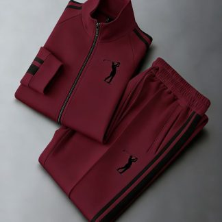 Men'S Golf Player Graphic Tracksuit Burgundy Stand Collar Zip Jacket with Striped Pants Men'S Fashion Casual Sportswear for Adults Men Winter Fall Outfit