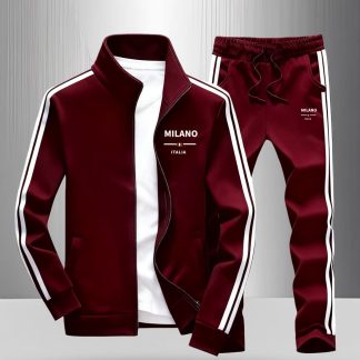 Casual And Stylish Men'S Tracksuit Featuring Milano Italia Lettering, Striped Sleeves, And Jogger Pants, Perfect for Adult Sportswear in The Fall And Winter