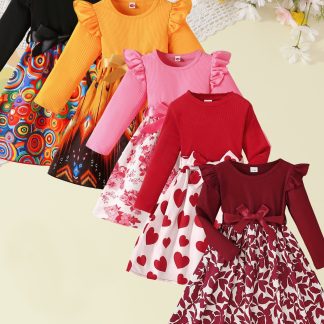In Total, There Are 5 Different Styles. One Item Will Be Distributed at Random. Cute Long-Sleeve Dress for Girls with a Bow, Featuring Butterflies And Floral Prints, Perfect for Summer