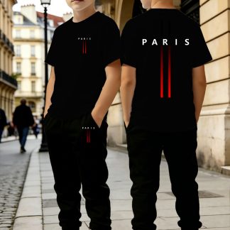 New Summer Boys' Trendy T-Shirt and Thin Long Pants Set, Comfortable Casual Sportswear Suitable for Outdoor Activities. Features a Simple Paris Pattern Design, Perfect for Spring, Summer, and Autumn Wear. Casual Sporty Style | Casual Fit | Polyester