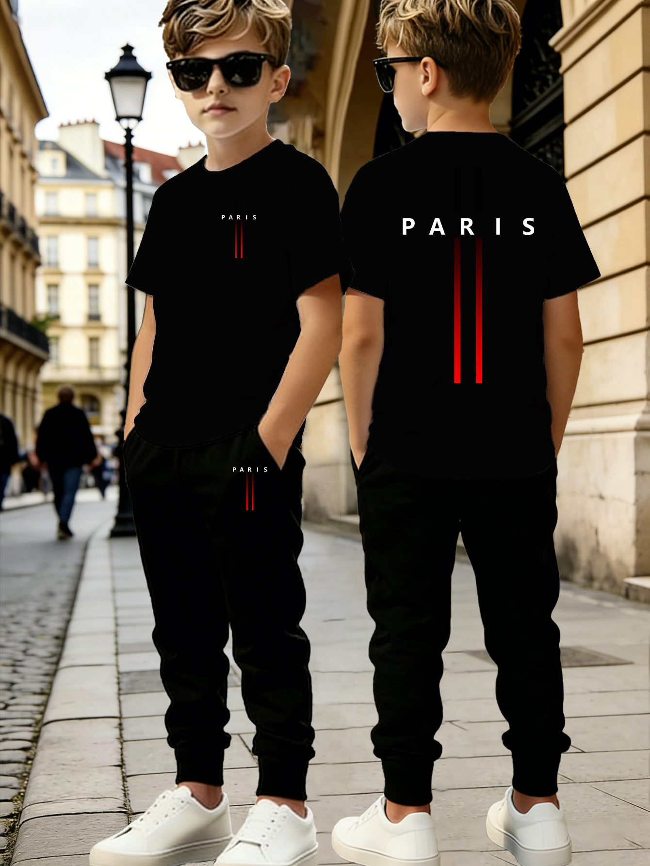 New Summer Boys' Trendy T-Shirt and Thin Long Pants Set, Comfortable Casual Sportswear Suitable for Outdoor Activities. Features a Simple Paris Pattern Design, Perfect for Spring, Summer, and Autumn Wear. Casual Sporty Style | Casual Fit | Polyester