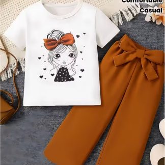 1pc Limited Cute Anime Girl Face and Heart Pattern T-Shirt for Girls, Soft and Comfortable Fabric, Round Neck, Short Sleeve, Stretchable, Machine Washable, Trendy Casual Wear for Kids, 3+ Years Old Boys and Girls