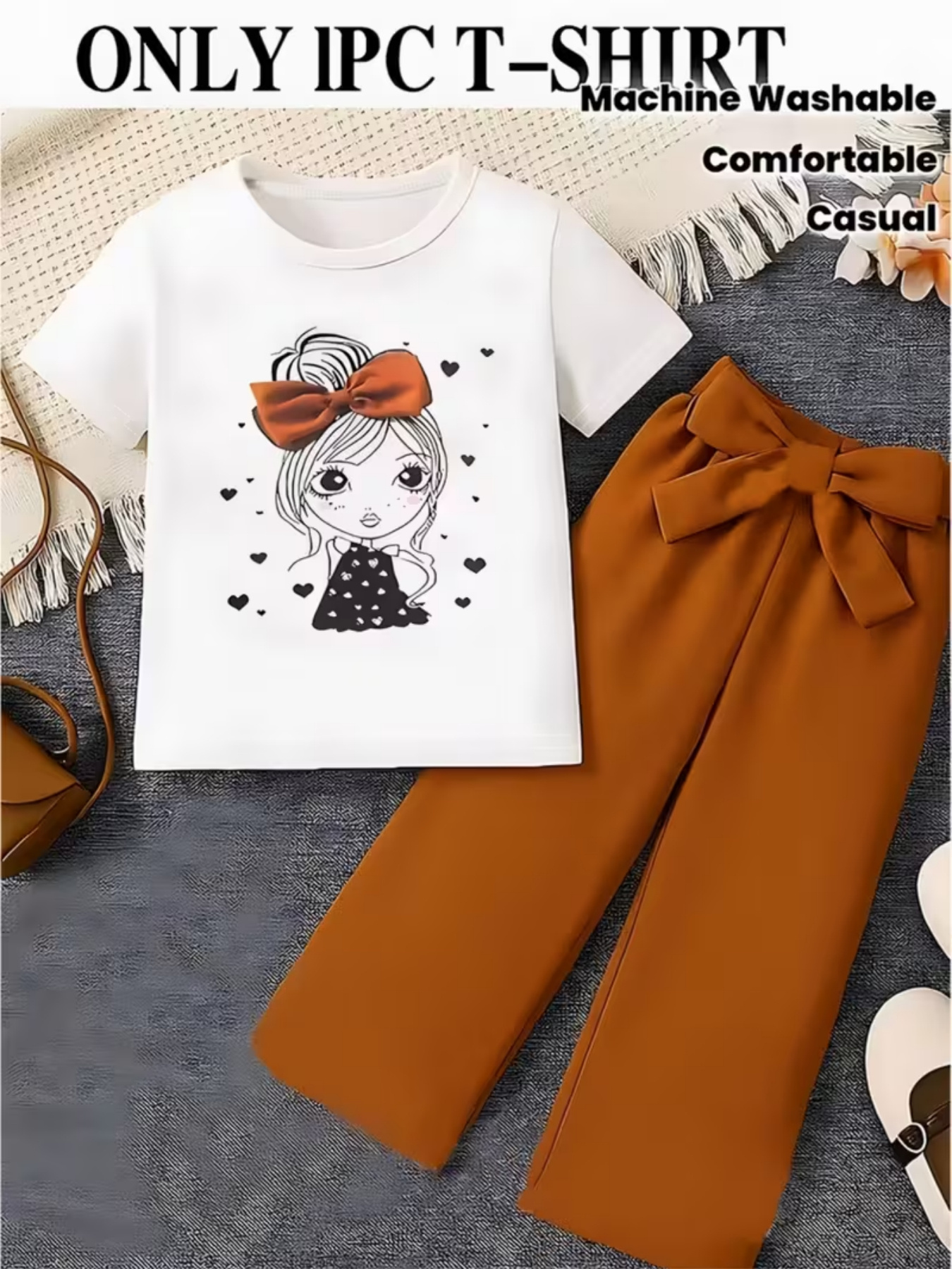 1pc Limited Cute Anime Girl Face and Heart Pattern T-Shirt for Girls, Soft and Comfortable Fabric, Round Neck, Short Sleeve, Stretchable, Machine Washable, Trendy Casual Wear for Kids, 3+ Years Old Boys and Girls