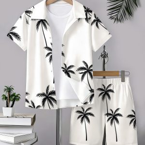 Casual and Fashionable, Cool, Vacation, Beach, Seaside, and Sporty Style Loose Comfortable Short-sleeve Shirt and Shorts Set with Tropical Plant Patterns, Perfect for Young Boys., Perfect for Outdoor, for Teenager