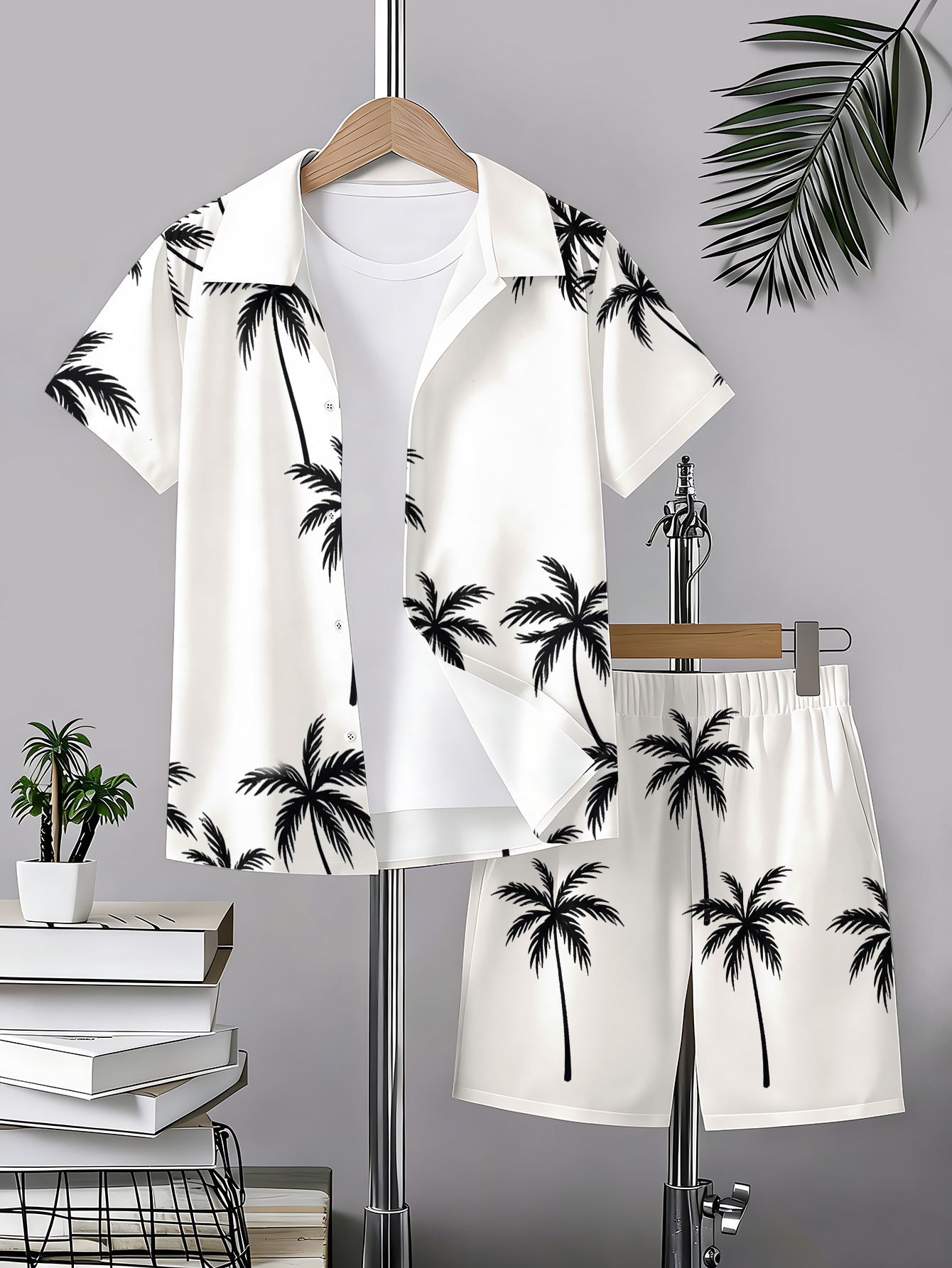 Casual and Fashionable, Cool, Vacation, Beach, Seaside, and Sporty Style Loose Comfortable Short-sleeve Shirt and Shorts Set with Tropical Plant Patterns, Perfect for Young Boys., Perfect for Outdoor, for Teenager