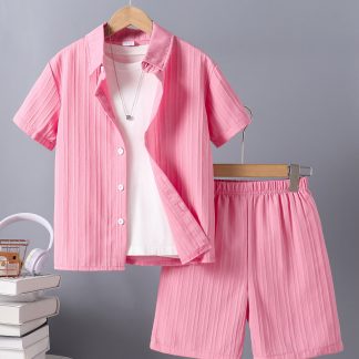 Targeted 2pcs Set for Boys And Teenagers, Short-Sleeved Shirt And Shorts Set, Summer Casual Cardigan Shirt + Shorts Set with Button Solid Color Design with Elastic Waistband, Very Suitable for Summer New Outdoor Sports, Playing, for Outdoor